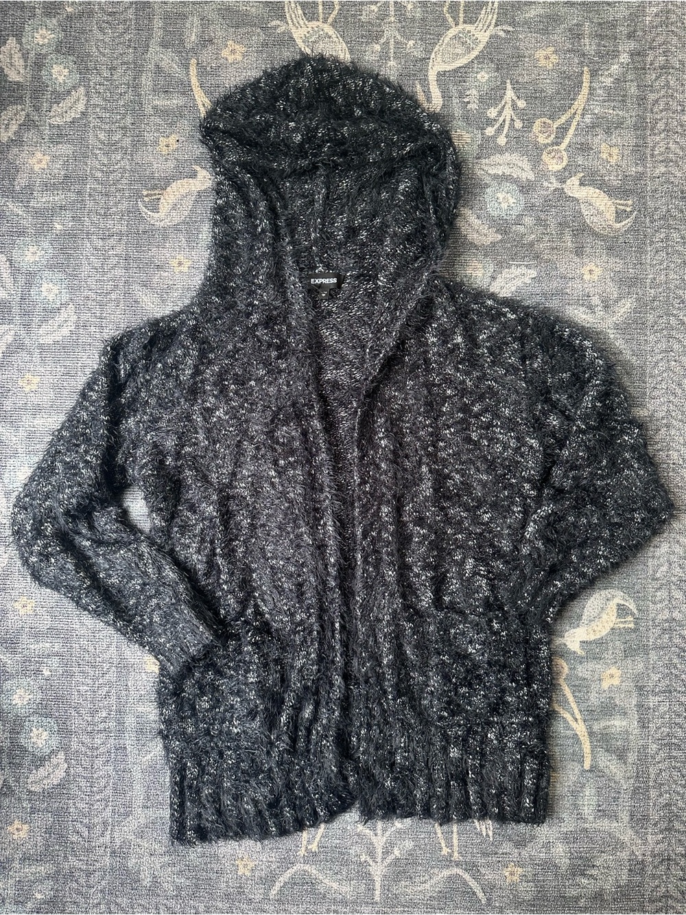 Express Black Fuzzy Hooded Open Cardigan XS